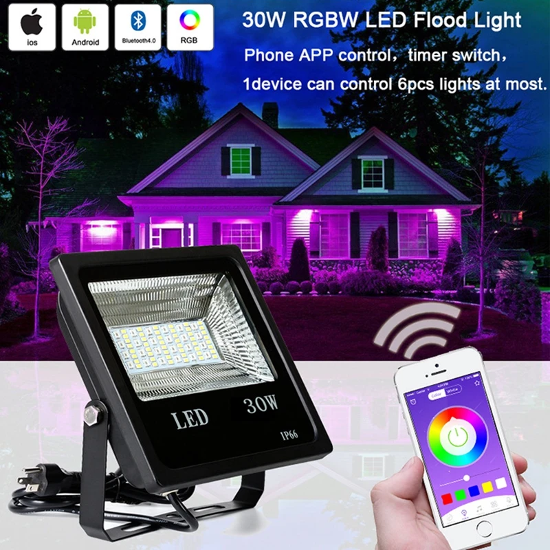 

LukLoy 30W RGBW LED Flood Light Colorful Courtyard Lamps Bluetooth Smartphone APP Control Floodlight for Holiday Decoration