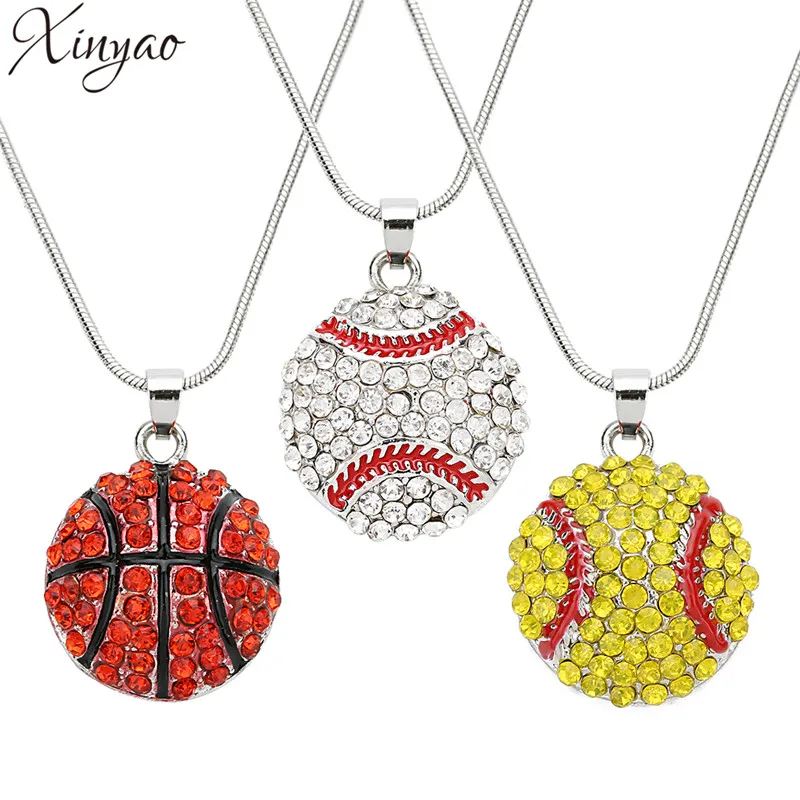 

XINYAO 2018 42cm Fashion Sports Style Pendant Necklace Round Softball/Basketball Charm Necklace With Crystal Fit Men Women F7494