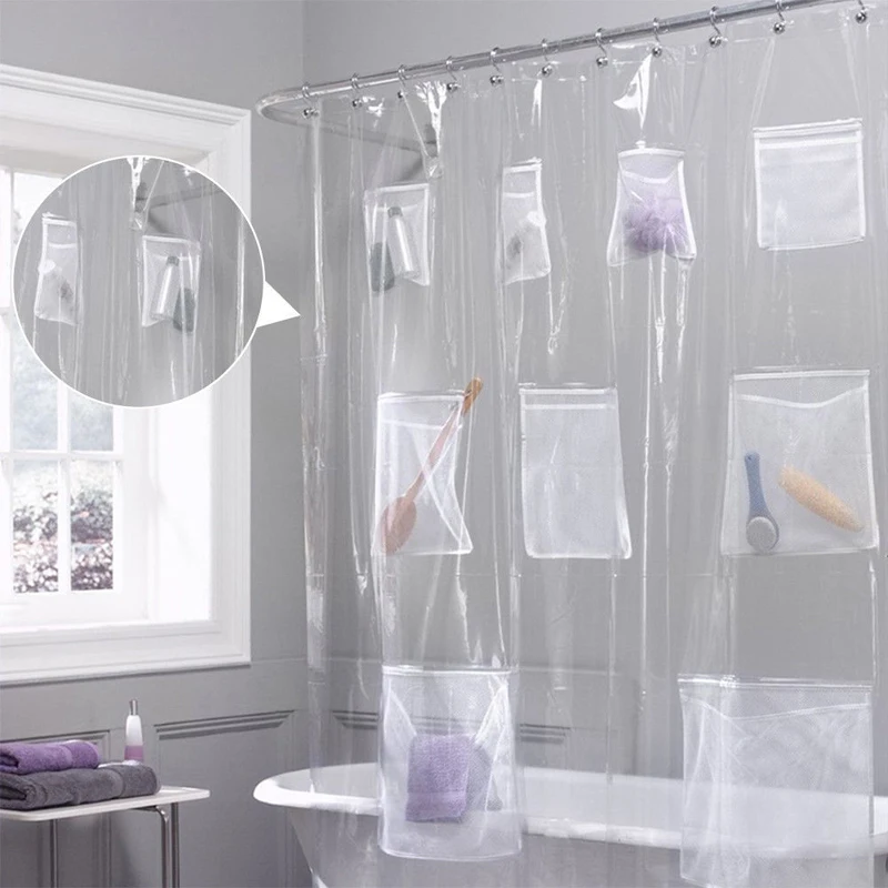 

Multi-function Pocket Shower Curtain Waterproof PVC Fabric Bath Curtain For The Bathroom Decorate School Dormitory Supplies