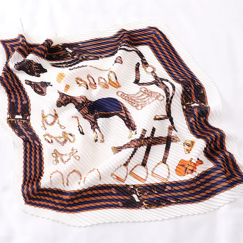 

Women's Small Silk Scarf Square Crinkle Hair Scarfs for Ladies Pleated Scarves Bandana Horse Printed Female Foulard 100*30CM