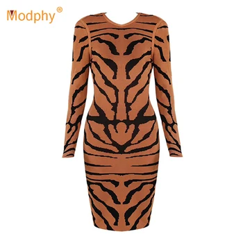 

2019 spring new fashion women's bandage dress winter tiger print bodycon long sleeve dress sexy club party dress Vestidos