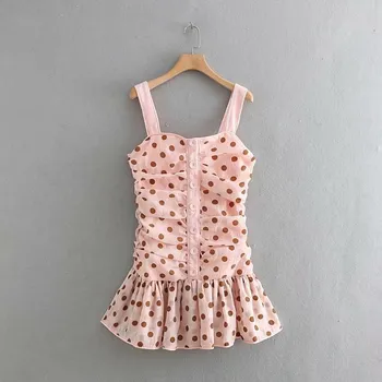 

Hot Sale Summer Polka Dot Party Dress Female Sweet Pink Button Sleeveless Mini Dresses