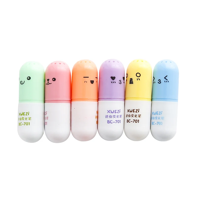 6pcs 귀여운 캡슐 형광펜 미니 알약 컬러 마커 스팟 포인트 라이너 편지지 사무실 F869