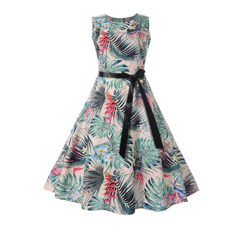 Kostlich New Arrival O-Neck Floral Print Dresses Summer Hepburn Vintage Dress Women Big Swing Dress Plus Size S-2XL With Sashes (2)