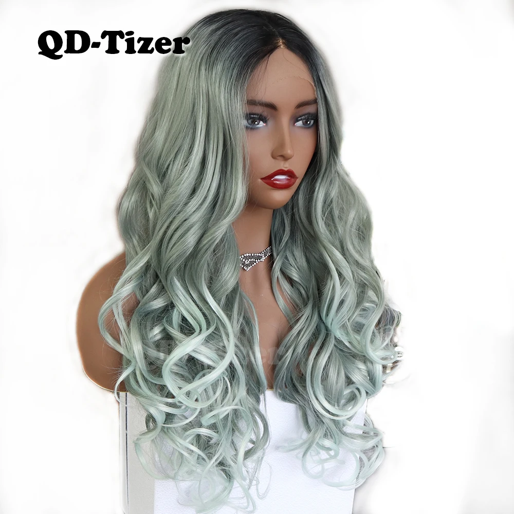 

QD-Tizer Ombre Hair Body Wave 180% Density Synthetic Lace Front Wigs for Women Heat Resistant Fiber Lace Wigs