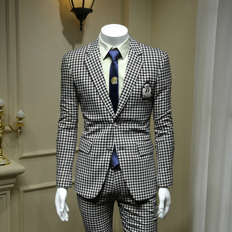 

XM GEEKI Men Wedding Suit Jackets Spring Blazers Slim Mans Two Pieces Suits Male Houndstooth White and Black Street Suit 365wt39
