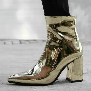 

Silver Gold Black Pointed Toe Ankle Boots for Women Patent Leather Thick Heel Boots Ladies Party Winter Boots Women Short Boots