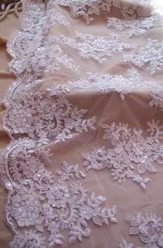 

1 yard white cord lace fabric with sequins, white bridal lace, wedding dress fabric, DZF001