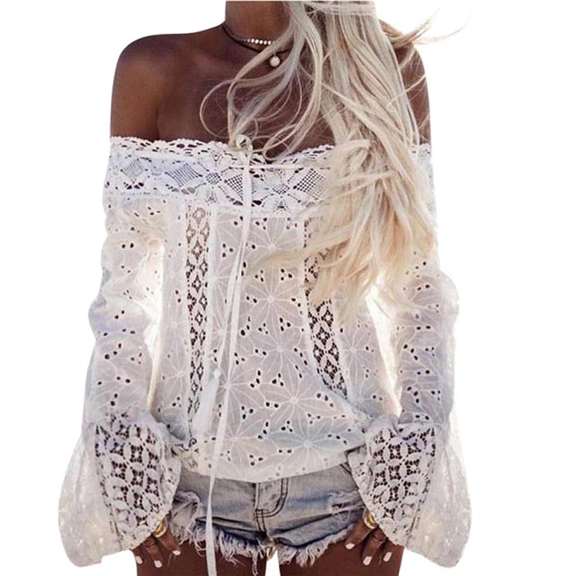 Женские длинные рукава женские летние топы camisetas mujer verano 2018 кружевные свободные