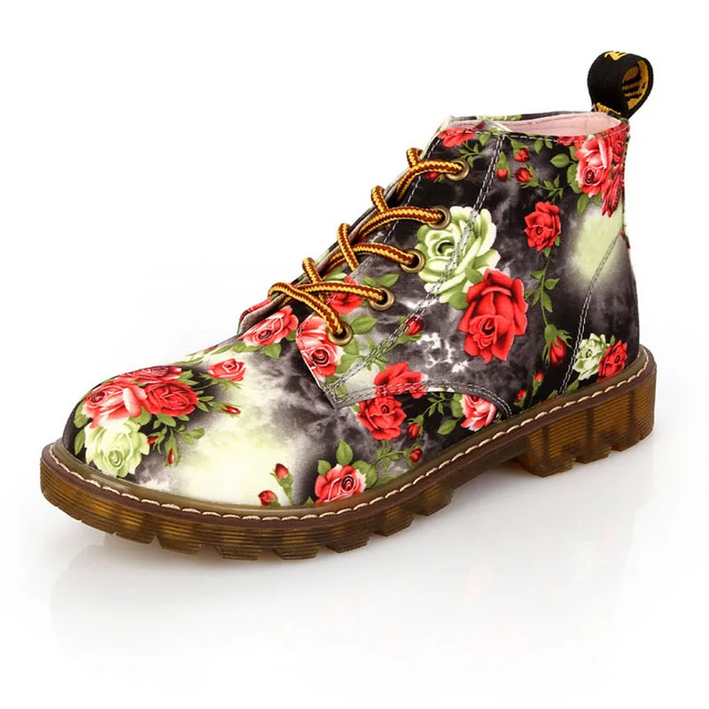 

Fashion Floral Cotton Fabric Lace Up Ankle Boots Ladies Casual Flat Martin Boots Vintage Motorcycle Boots For Women Ladies Shoes