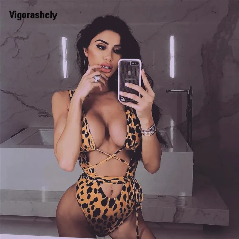 Vigorashely, сексуальный леопардовый сдельный купальник, для женщин, на завязках, купальник,, на завязках, купальный костюм, бразильский Монокини, боди - Цвет: Leopard
