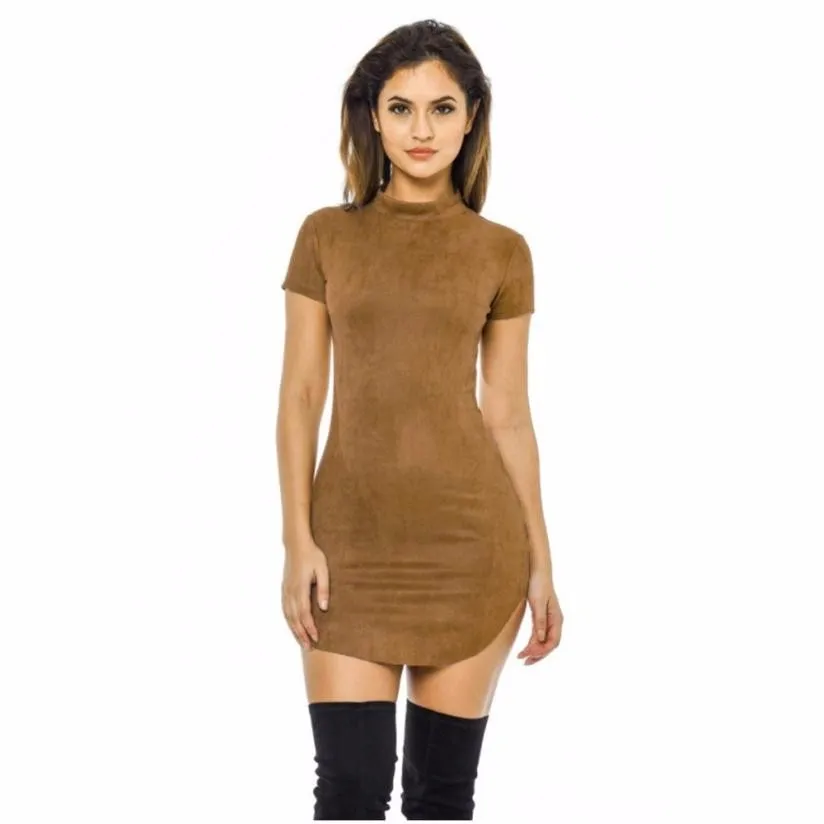 

Vestidos Mujer 2019 Summer Dress Women Fashion High Neck Bodycon Suede Dresses Vintage Ladies Short Sleeve Office Dress #Zer