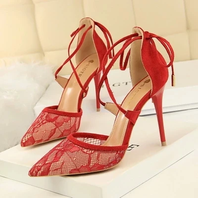 

Cross straps hollow high heel sandals stiletto heels shallow mouth pointed mesh lace hollow shoes summer
