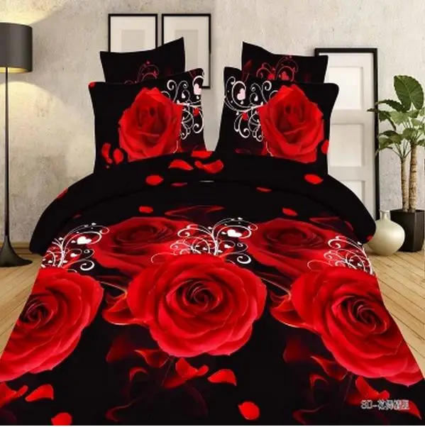 

2017 3d bedding set 3pcs 4pcs red rose reactive printing sheet set flowers bedclothes king size black