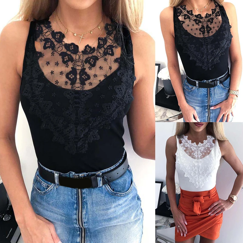 Black White Mesh Lace Patchwork Vest Shirt Women Causal Sexy Tops Elegant Ladies Blouse Summer Party Casual Blouse Femme Blusas