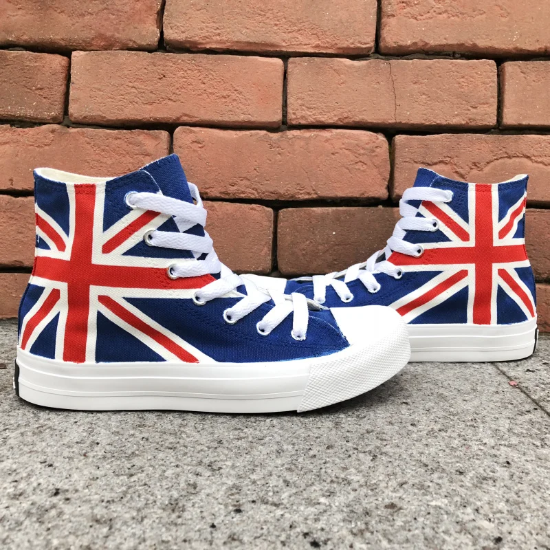 Вэнь унисекс дизайн Ручная роспись флаг обувь Юнион Джек высокие синие парусиновые кроссовки для взрослых Обувь для мальчиков и девочек скейтборд обувь