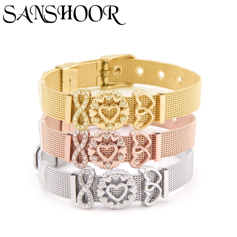 

SANSHOOR Crystal Infinity Slide Charms Interlocking Double Hearts Hollow Round Hearts Mesh Bracelet Set for Valentines Gift