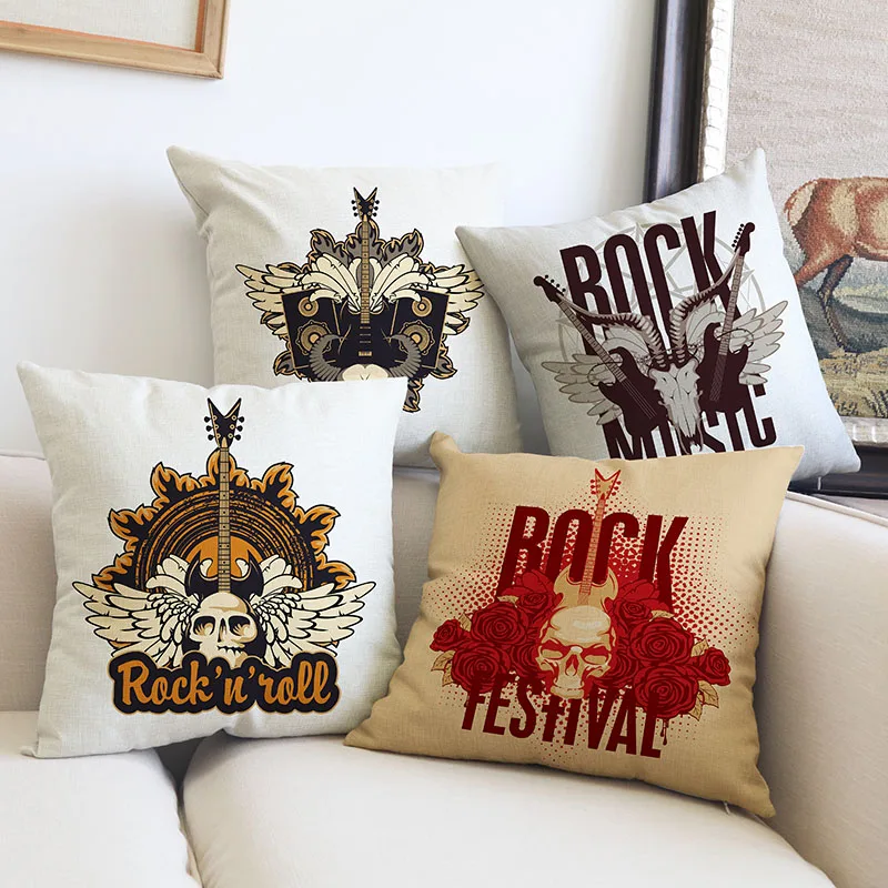 

Rock In Roll Electric Guitar Skeleton Pattern Pillow Cases Hard Rock Music Festival Home Bar Sofa Chair Decorative Cushion Cover