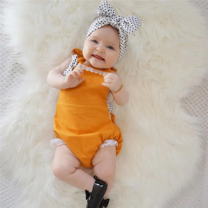 

2017 Summer Newborn Baby Girl Romper Sleeveless Lace Sunsuit Outfits Jumpsuit+Headband 2PCS Kids Clothing Set 0-18M