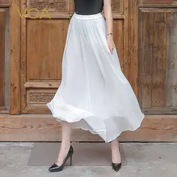 VOA шелк жоржет большой размер качели юбки для женщин Сплошной Белый Повседневная Длинная юбка Базовая Harajuku Kawaii корейский Лето Faldas C5536