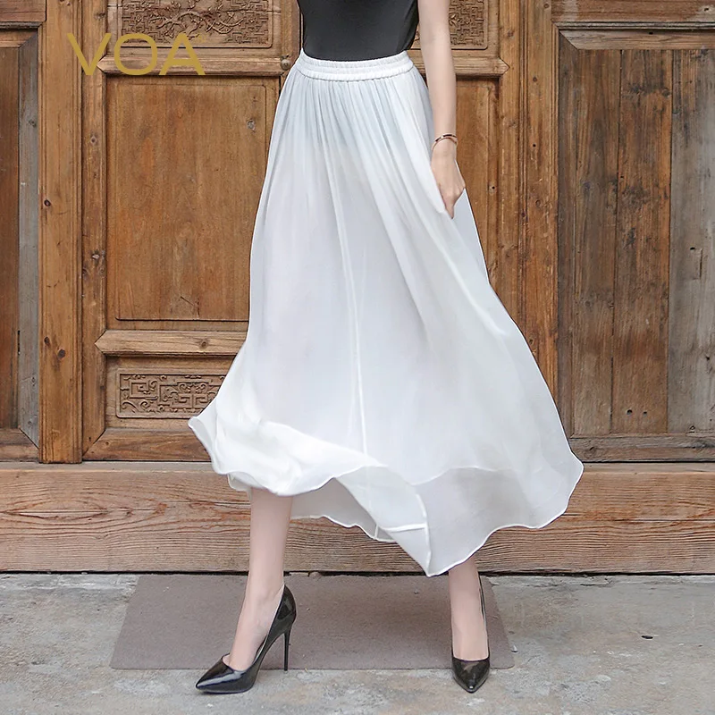 VOA Silk Georgette Big Size Swing Skirts Women Solid White Casual Long ...