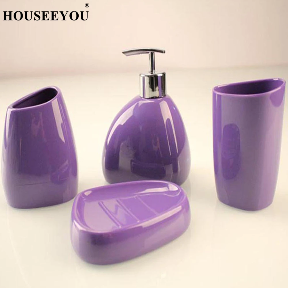 

4Pcs/lot Purple PP Bath Liquid Soap Dispenser Toothbrush Toothpaste Holder Tumbler Soap Dish Storage Bathroom Accessories Set
