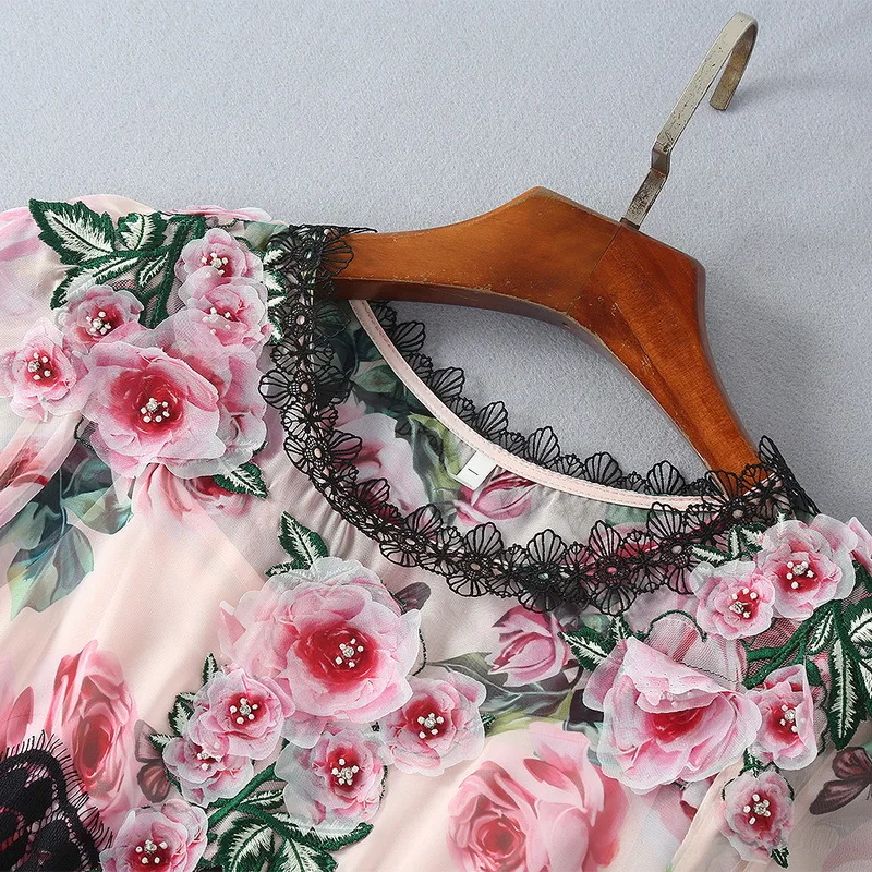Роскошное дизайнерское Брендовое шифоновое платье для женщин, 3D цветы, кружевная вышивка, принт розы, длинное розовое платье