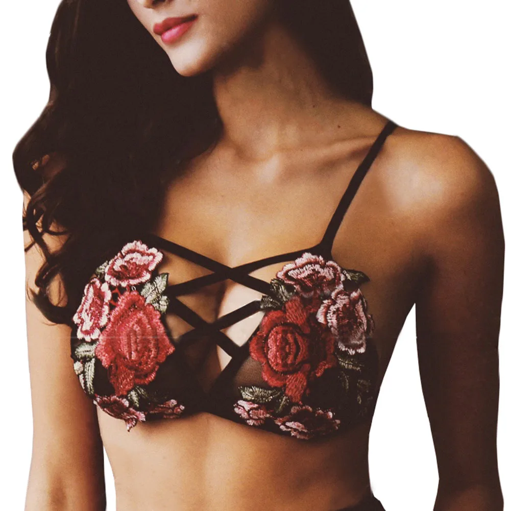Sexy Women Black Embroidered Flowers Bandage Underwear Bra Fashion