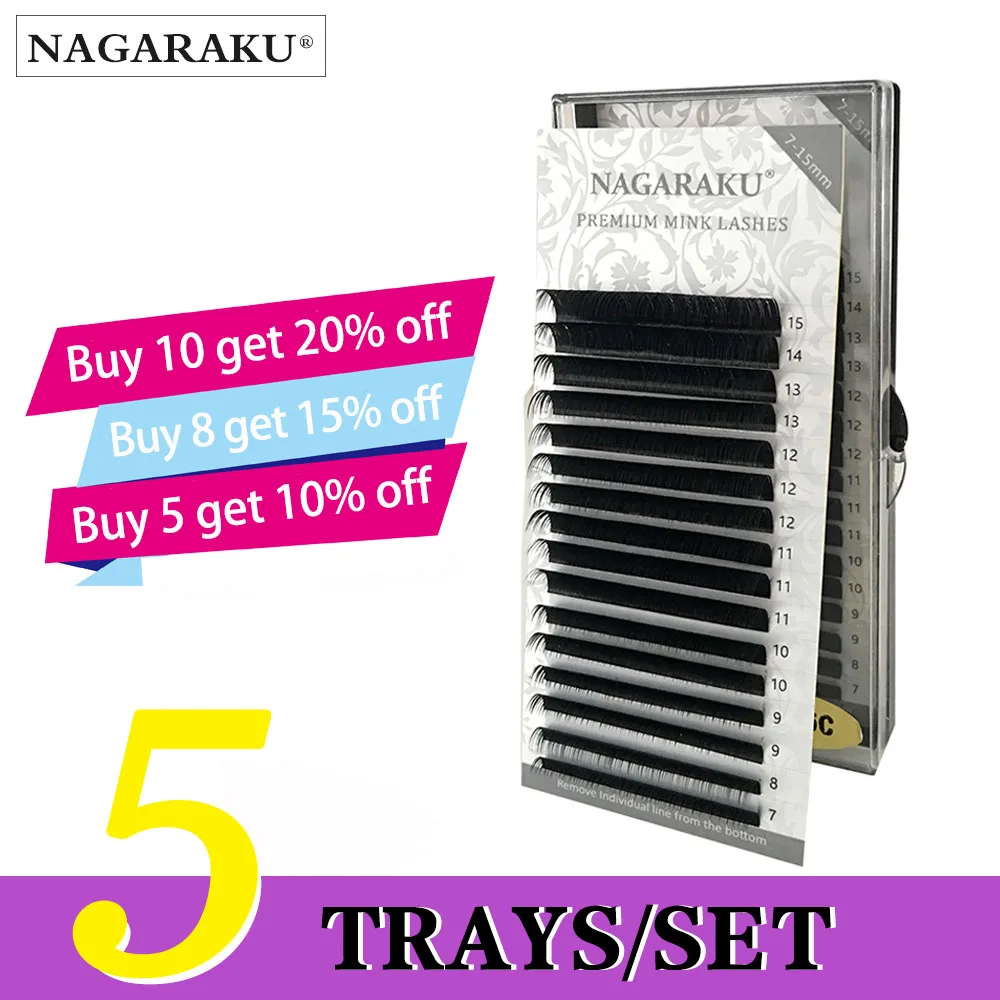 

NAGARAKU 5 trays, 7~15mm mix premium natural mink individual eyelash russian volume eyelashes extension All size false lashes
