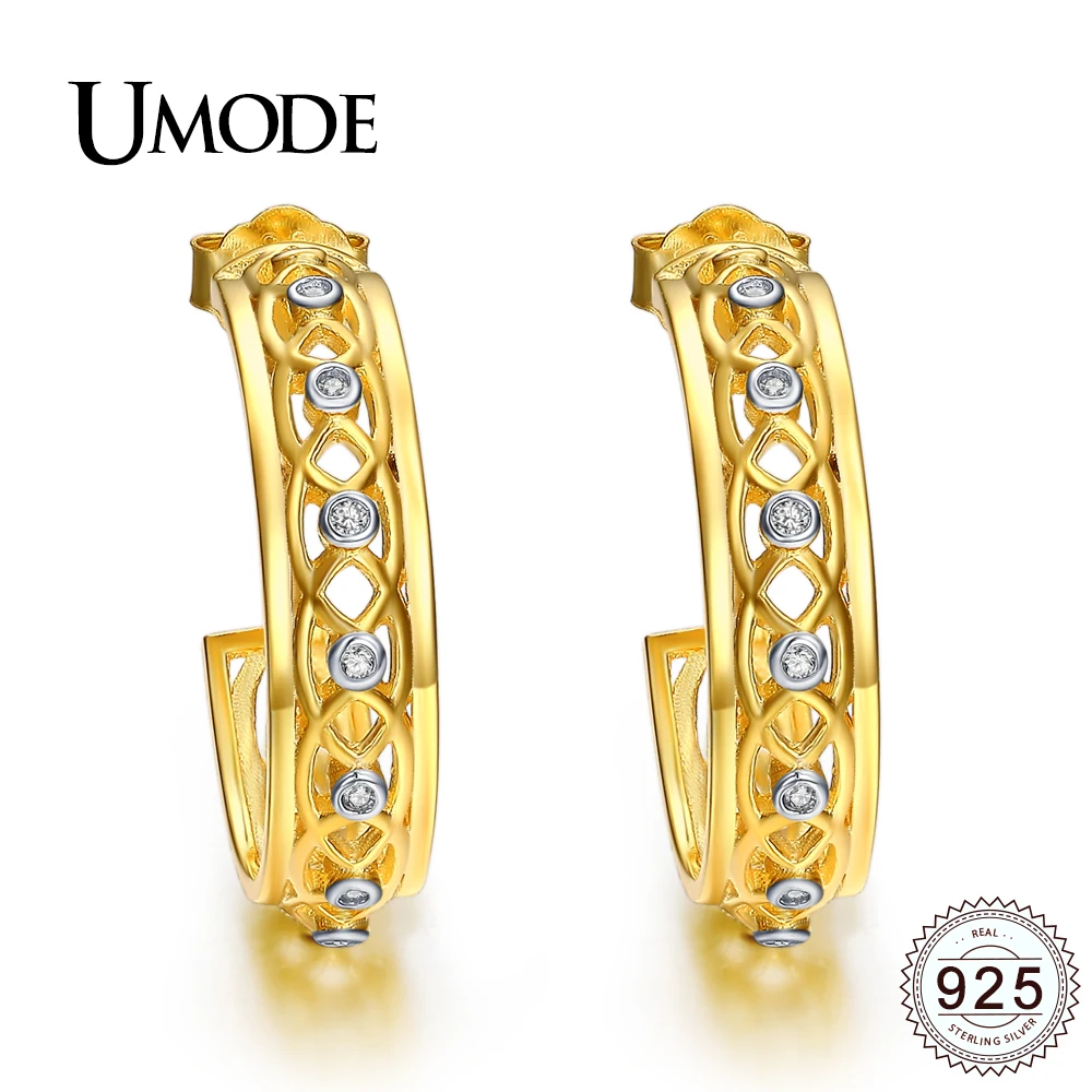 

UMODE Genuine 925 Sterling Silver Half Circle Hoop Earrings for Women Gold Color Silver Jewelry Luxury CZ Stone Earrings ULE0273