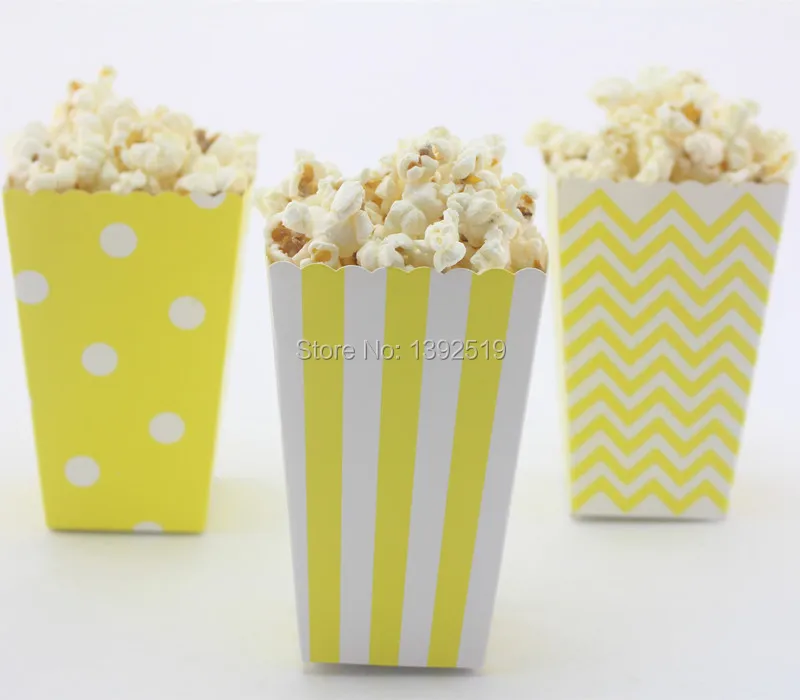 

Free Ship 36pcs Popcorn Box Snack Box Mixed Yellow Dot Chevron Stripes Mini Party Paper Popcorn Boxes Party Decorations Kids