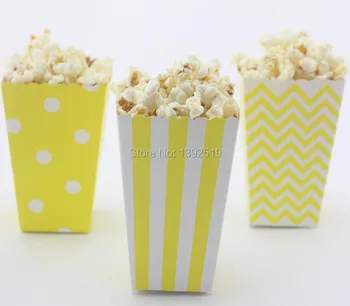 

Free Ship 36pcs Popcorn Box Snack Box Mixed Yellow Dot Chevron Stripes Mini Party Paper Popcorn Boxes Party Decorations Kids