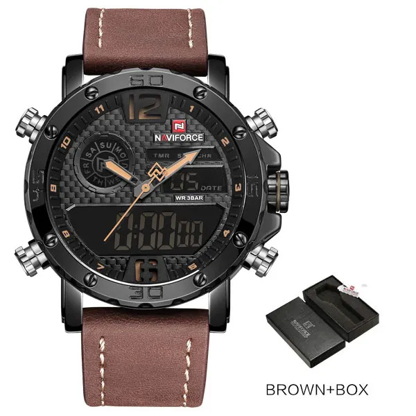 Мужские спортивные часы NAVIFORCE Топ бренд водонепроницаемый светодиодный цифровые часы мужские s Роскошные Аналоговые кварцевые наручные часы Relogio Masculino - Цвет: Brown with Box