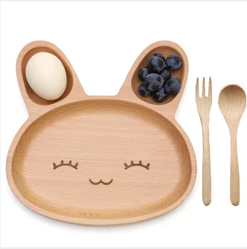 

Kids Cute Rabbit Wood Dinner Plate with 1 Fork 1 Spoon Cake Dishes Dessert Serving Tray Wood Sushi Plate Tableware Dinnerware