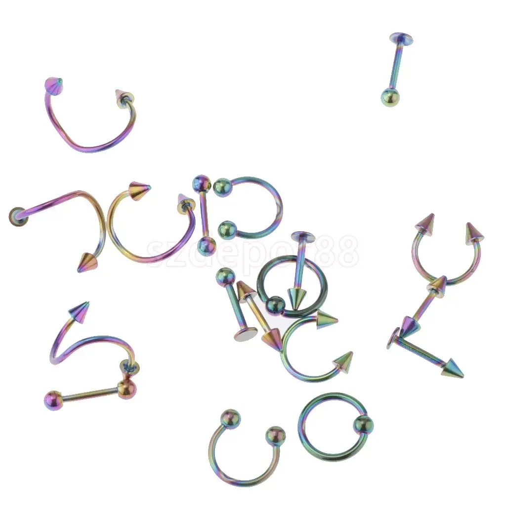 16 Pieces 16g Stainless Steel Assorted Eyebrow Ear Lip Navel Ring Body Piercing Kit