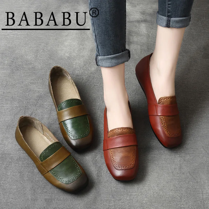 

BABABU New Style Women Leather Shoes Genuine Leather Women Flats Shoes Fashion Square Toe Leather Shoes Slip-on Casual Shoes