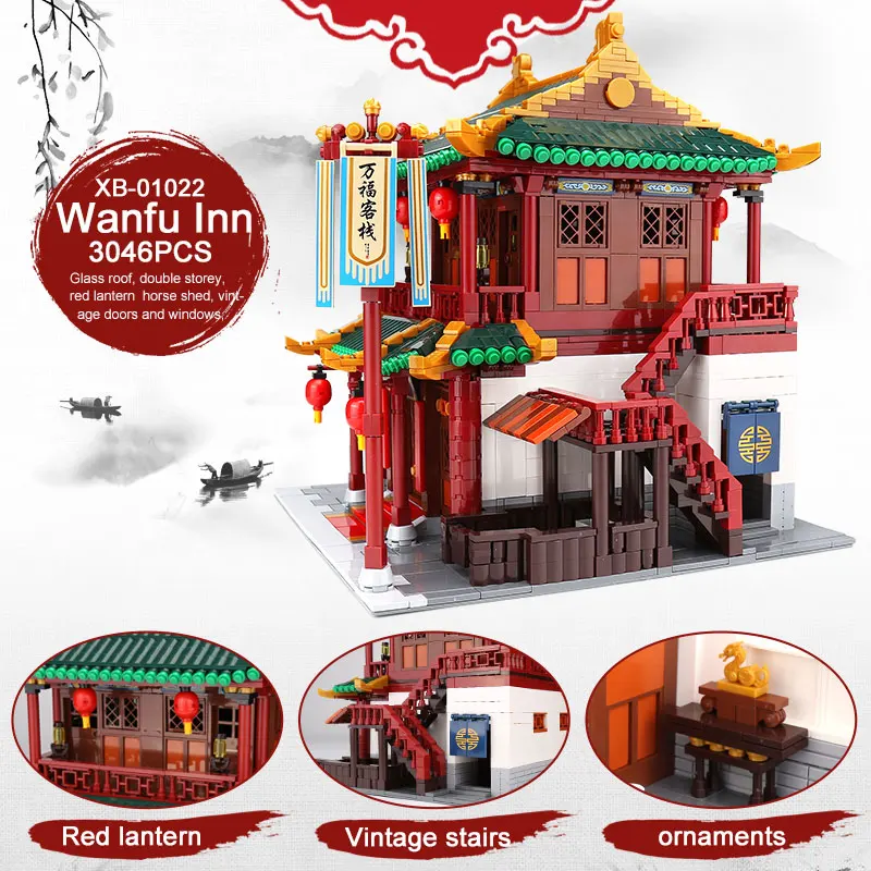 DHL XINGBAO 01022 3046Pcs Chinese Building Series The Wanfu Inn Set Building Blocks Bricks Kids Toys House Model Birthday Gifts