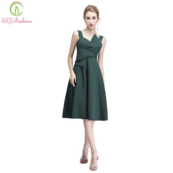 

Clearance Simple Elegant Short Evening Dress Sleevless Dark Green Tea-length Simple Party Formal Gown Robe De Soiree