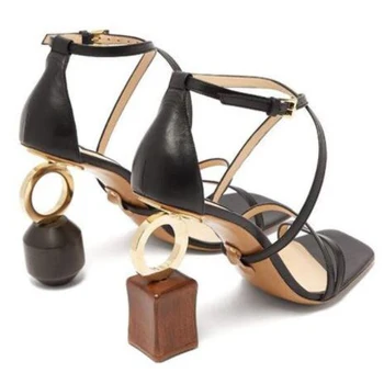

Wood Square Heels Women Sandals Metal Round Geometric Design Narrow Band Lady Summer Shoes Cross-Strap Plus Size Customized Shoe