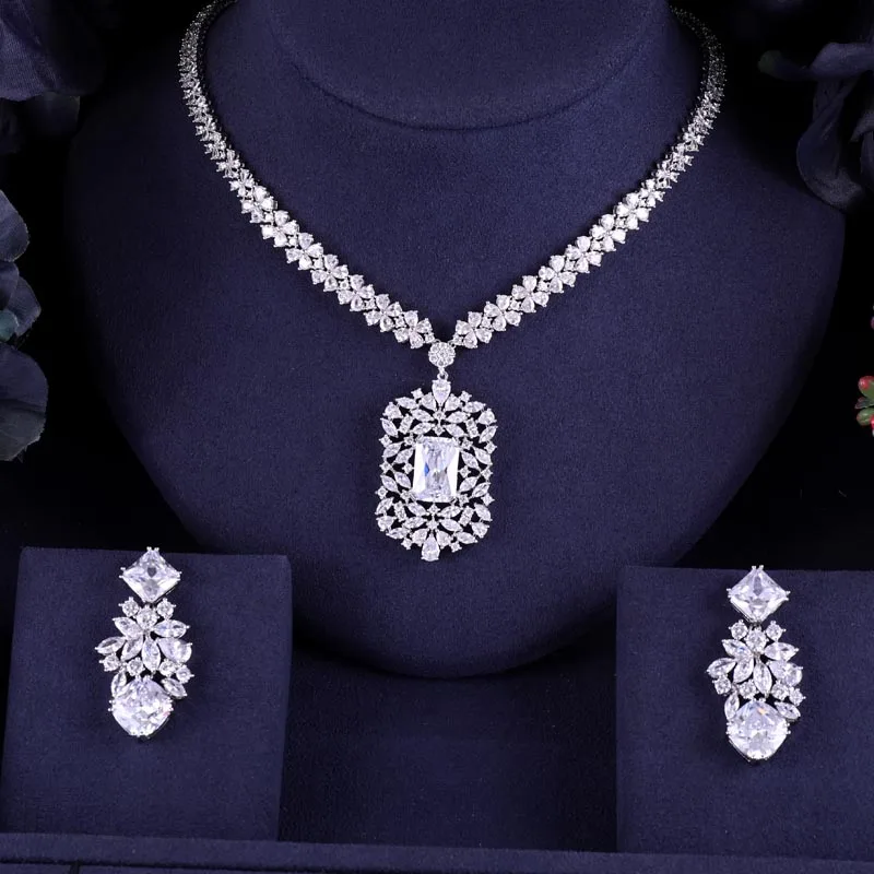 

janeklly trendy Wedding Necklace Earrings For Women Accessories Clear Cubic Zirconia Bridal Jewelry Sets Jewellery sets