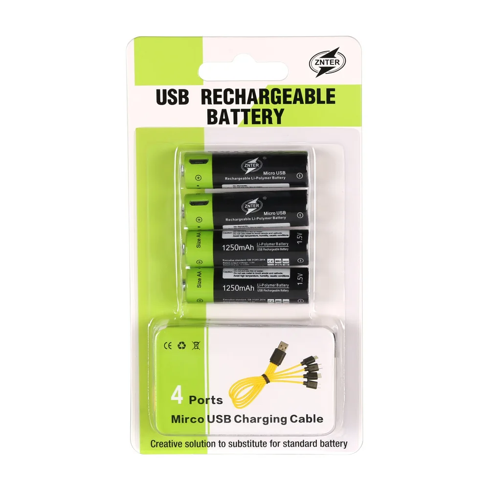 

ZNTER AA 1.5V 1250mAh Battery Rechargeable Lithium Polymer Battery 2/4 pcs with USB cable in one package