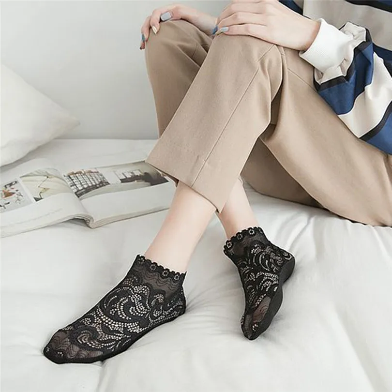 

KWAN_ Vogue femme nylon Lace Flower Short Ankle Hollow Sock Antiskid Summer invisible comfortable Style Sweat-absorbent fishnet#
