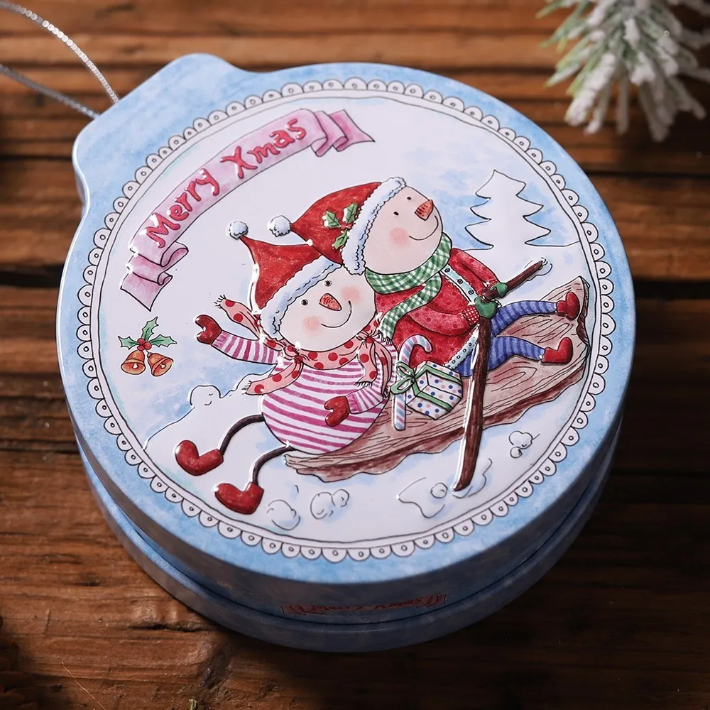 Новогодняя Рождественская жестяная круглая подвеска рождественские украшения для дома украшения коробка конфет Рождественский фестиваль подарок кулон - Цвет: Blue Snowman