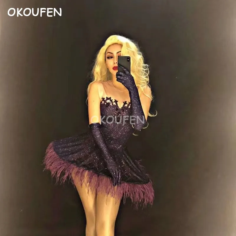 

Modern nightclub female singer DJ Ds feather skirt costumes stretch gloves one piece dress Party Show Stage costume