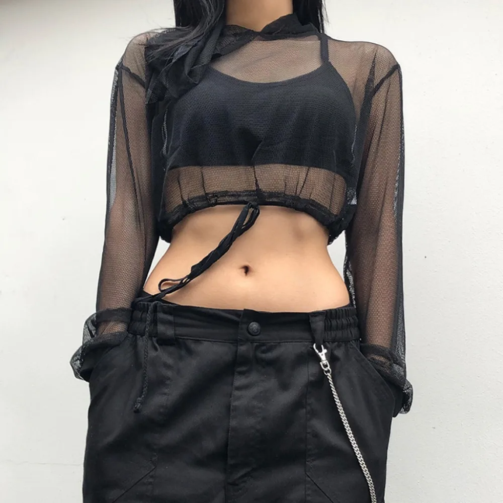 

Women T-Shirts Mesh Hooded Long Sleeve Casual Female T-shirt Hollow Out Ladies Loose Sexy Tops Fashion poleras de mujer moda