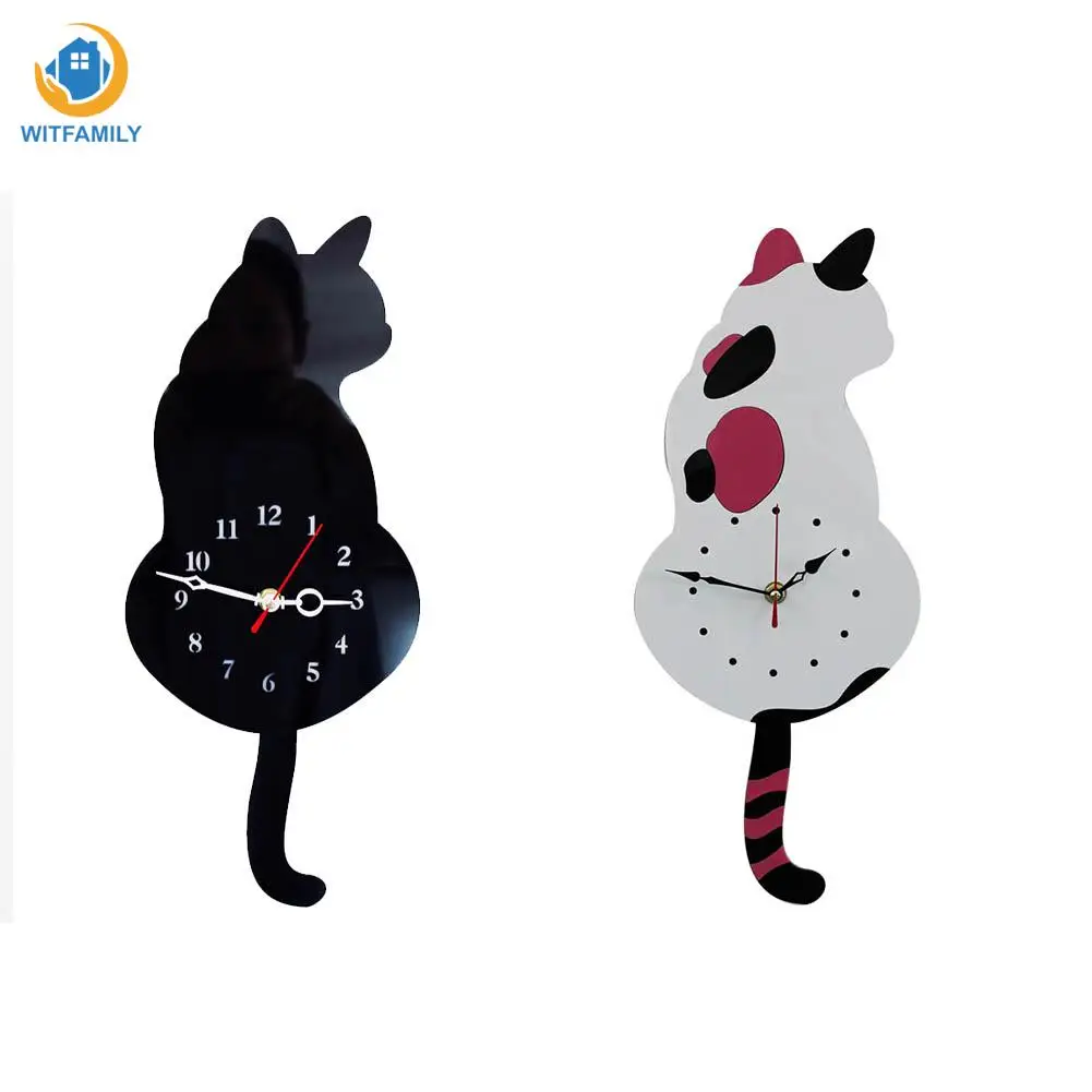 Cute Creative White/Black Wagging Tail Cat Wall Clock for Household Decorative Wall Clocksin