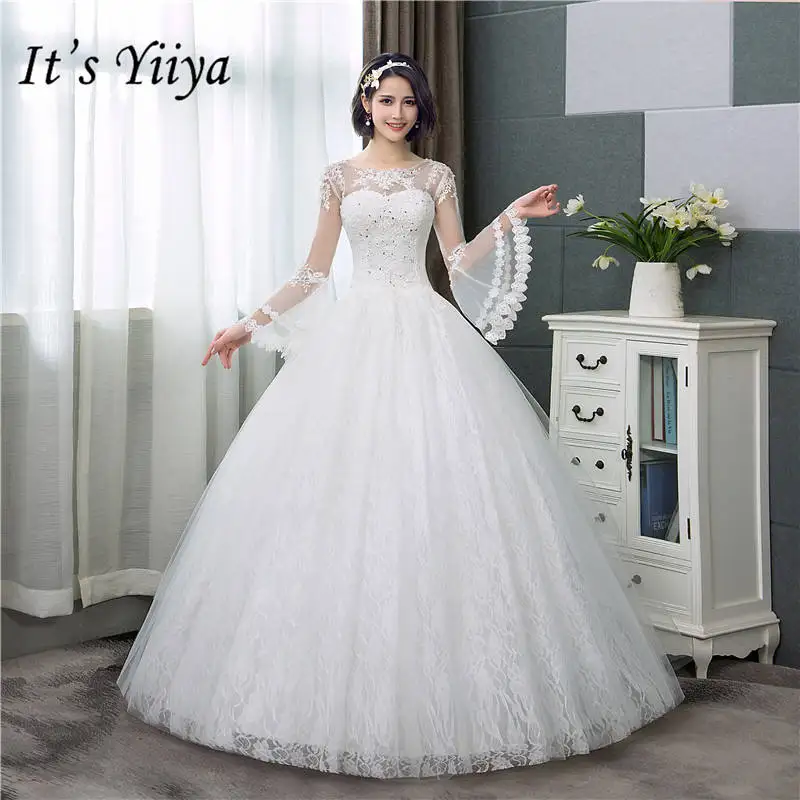 3427 43 De Réductioncest Yiiya Nouvelle Longue Manches Evasées Robes De Mariée Simple O Cou Dos à Lacets Robe De Mariée Hs283 In Robes De Mariée