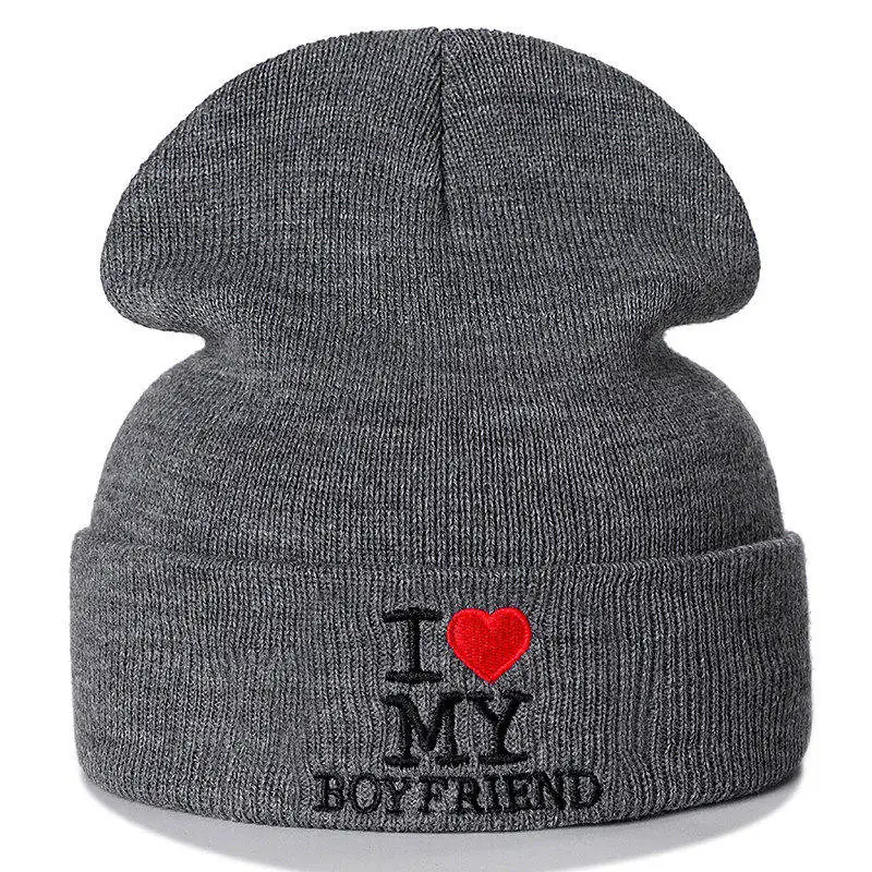 Новинка унисекс пара Beanie I LOVE MY BOYFRIEND письмо повседневные зимние шапки для мужчин женщин теплая вязаная шапка модная однотонная шапка - Цвет: Boyfriend  Gray