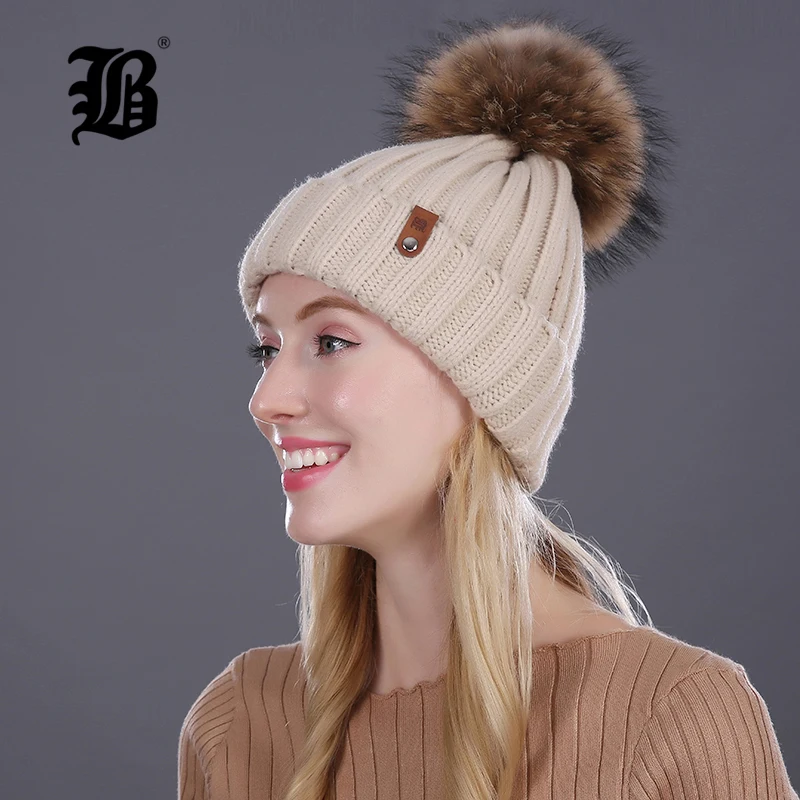 [FLB], шапка из меха норки и лисы, помпоны, зимняя женская шапка, шапка для девочек, вязаные шапки, шапка, фирменная Новинка, толстая женская шапка