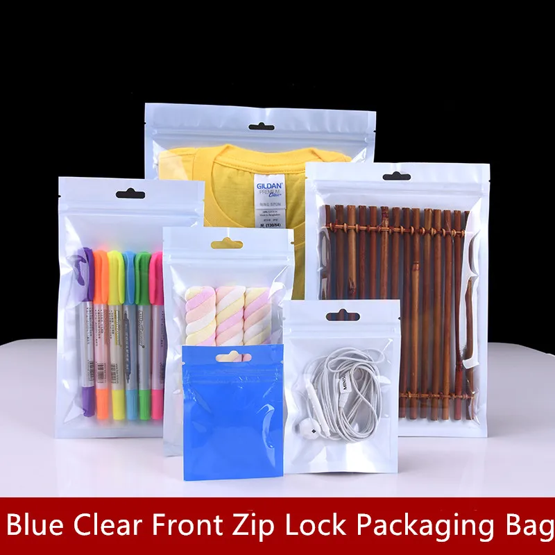 100Pcs Blue Clear Front Zip Lock Packaging Bags With Hang Hole Plastic Electronic Accessary Zipper Pouch for Retails Package | Дом и сад